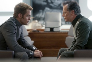 Kirk (Chris Pine) and Pike (Brice Greenwood). Memo to Abrams: Kirk is running out of dads. Time to come up with something else besides revenge and retribution by a frat boy. 
